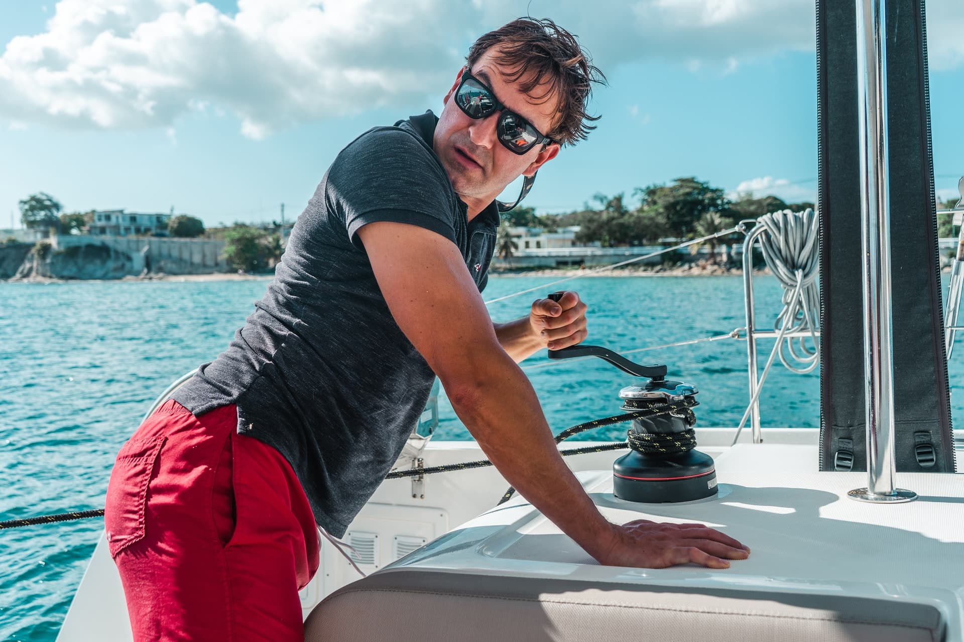 Boat daddy in red shorts